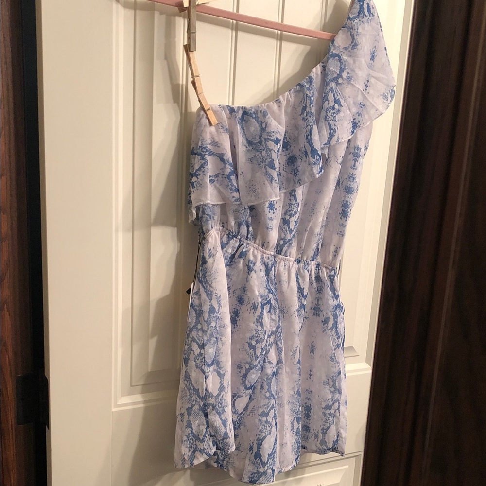 One-Shoulder Blue & White Ruffle Romper
